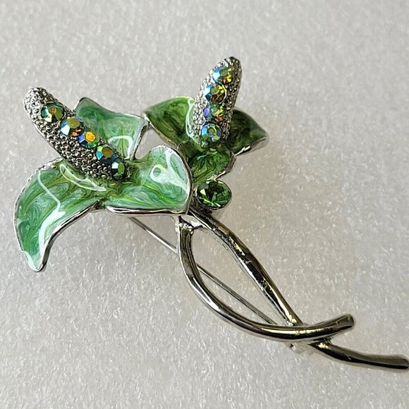 Vintage Rhinestone Floral Brooch Sparkling Green Leaves - Picture 7 of 12